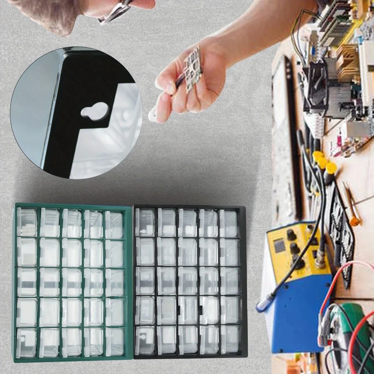Wandhalterung mit Multi-Raster-Schubladenbox für Schrauben