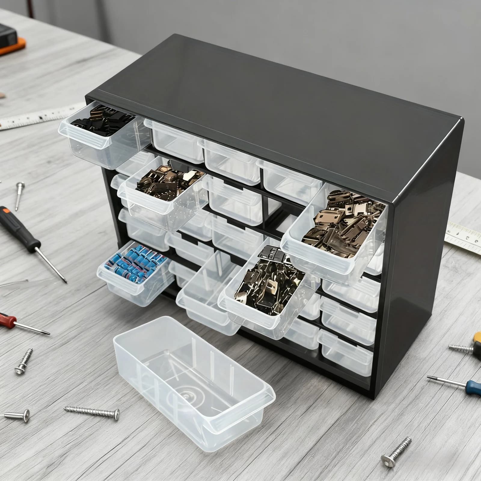 Wandhalterung mit Multi-Raster-Schubladenbox für Schrauben
