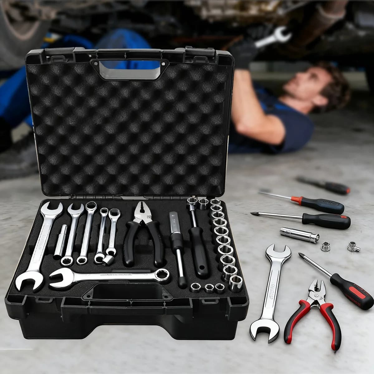 Kunststoff-Koffer für Autoreparaturen mit Schaumstoffeinlage