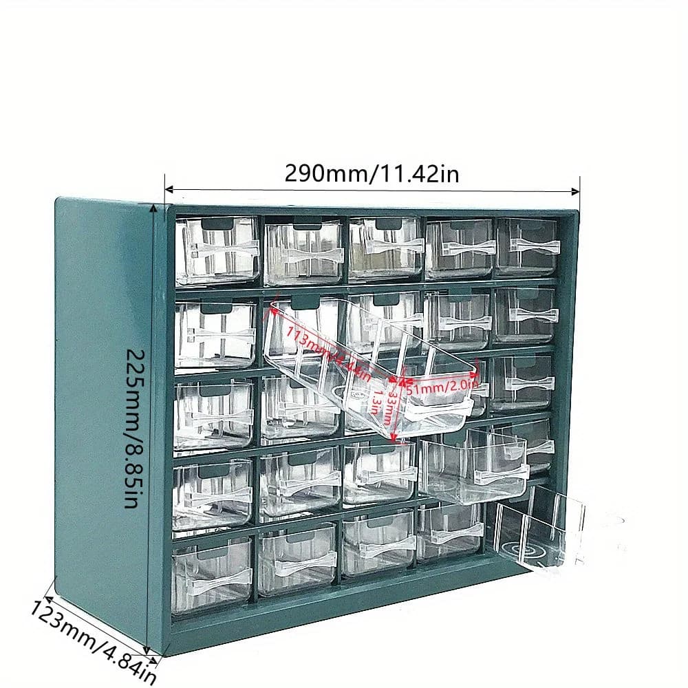 Wandmontierte Teilebox mit 25 Fächern