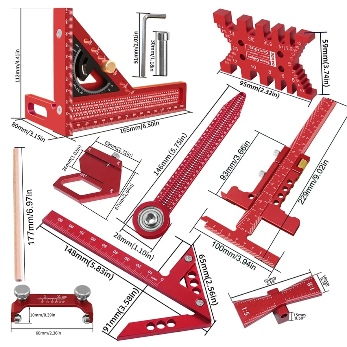 9-teiliges Holzwerkzeug-Set mit Zirkel und Schleifhilfe